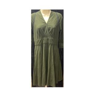 eShakti Women's Hunter Green Long Sleeve V-Neck Fit & Flare Dress Medium